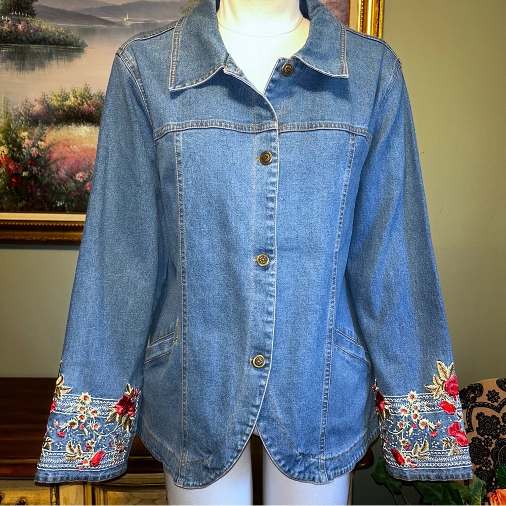 Denim & Co. Blue Red Pink Floral Roses Embroidered Denim Blazer Jacket